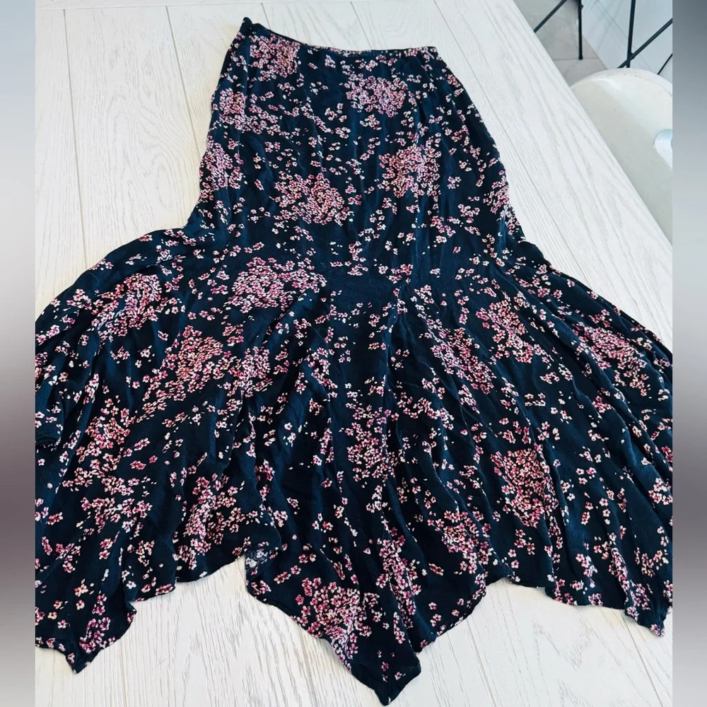 Free People Asymmetrical Floral Skirt in Black and Pink